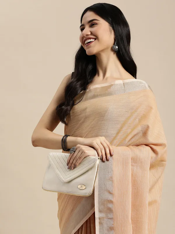 Tan_Linen_Zari_Border_Tassel_Saree_For_Women