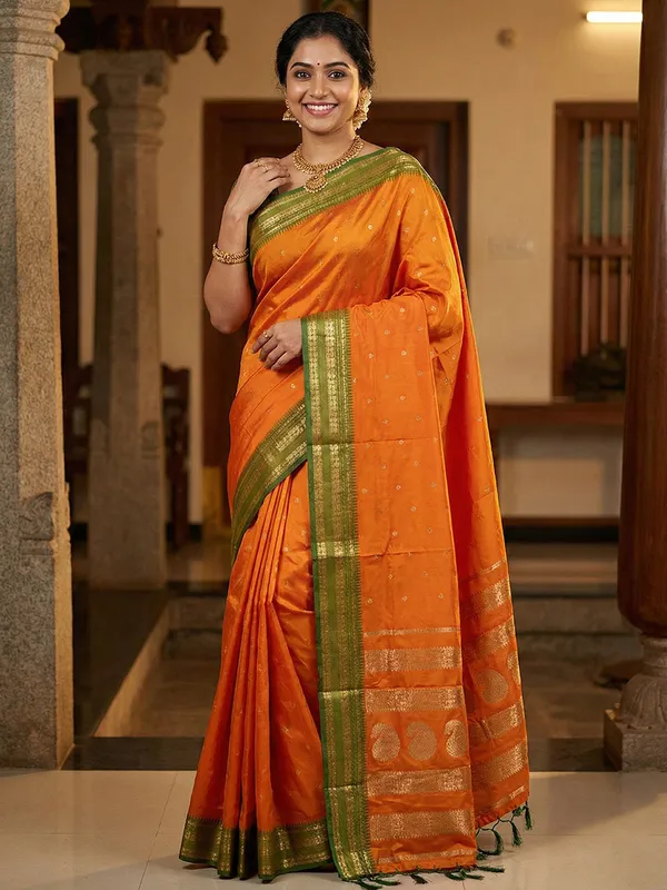Orange_Green_Soft_Silk_Zari_Border_Saree_For_Women