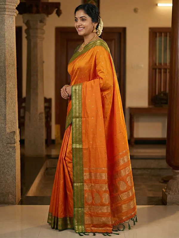 Orange_Green_Soft_Silk_Zari_Border_Saree_For_Women
