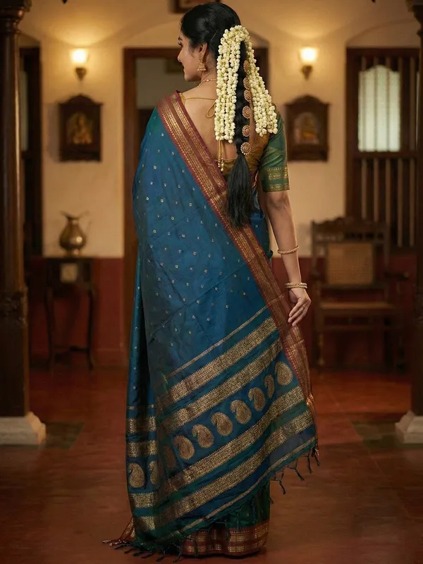 Teal_Blue_Soft_Silk_Contrast_Red_Zari_Border_Saree_For_Women