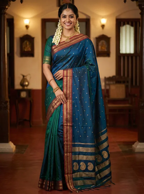 Teal_Blue_Soft_Silk_Contrast_Red_Zari_Border_Saree_For_Women