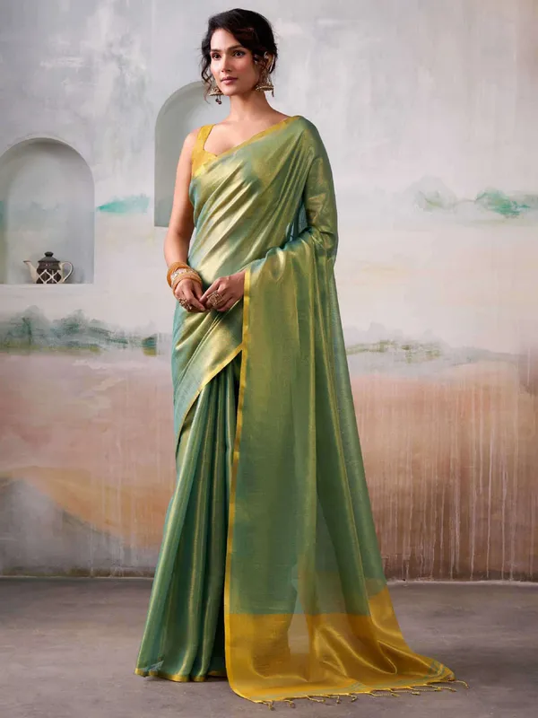Teal_Green_Gold_Tissue_Silk_Solid_Zari_Border_Saree_For_Women