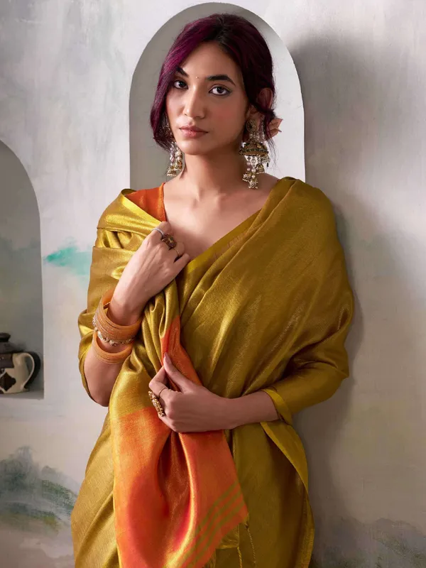 Mustard_Yellow_Orange_Tissue_Silk_Contrast_Border_Saree_For_Women