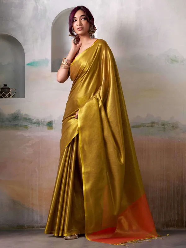 Mustard_Yellow_Orange_Tissue_Silk_Contrast_Border_Saree_For_Women
