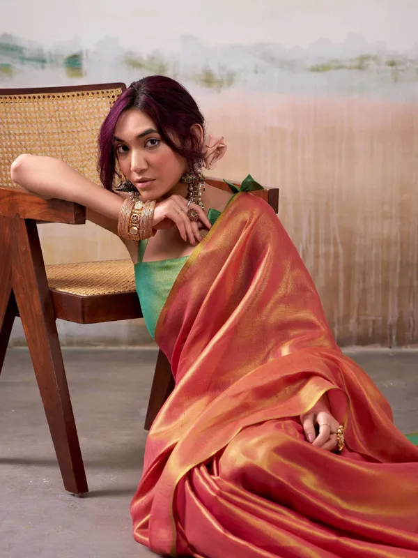 Coral_Peach_Green_Tissue_Silk_Contrast_Border_Saree_For_Women
