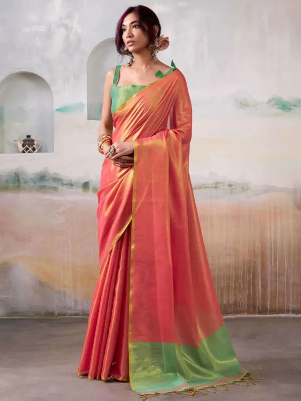 Coral_Peach_Green_Tissue_Silk_Contrast_Border_Saree_For_Women