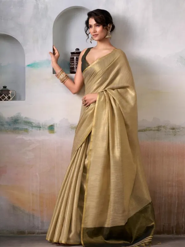 Beige_Olive_Green_Tissue_Silk_Zari_Border_Saree_For_Women