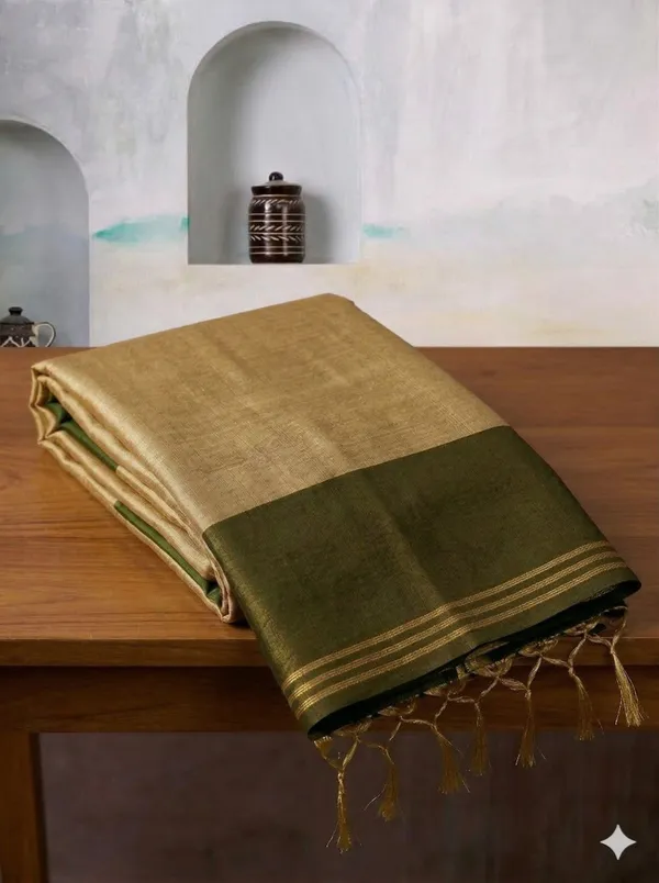 Beige_Olive_Green_Tissue_Silk_Zari_Border_Saree_For_Women