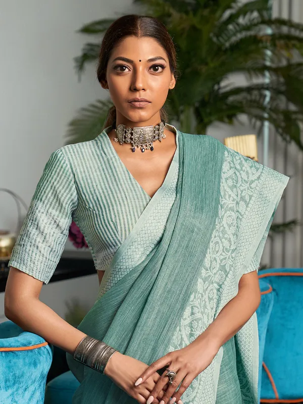 Teal_Green_Silver_Linen_Blend_Woven_Design_Saree_For_Women