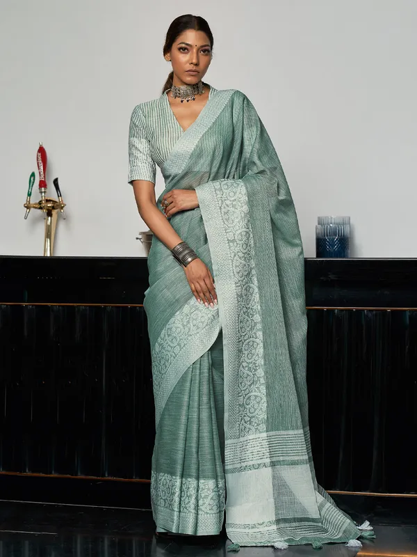 Teal_Green_Silver_Linen_Blend_Woven_Design_Saree_For_Women