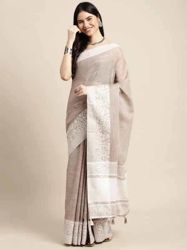 Beige_Silver_Linen_Blend_Woven_Design_Saree_For_Women