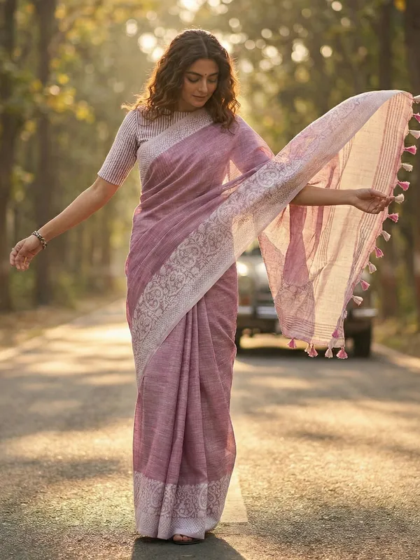 Mauve_Purple_Silver_Linen_Blend_Woven_Design_Saree_For_Women