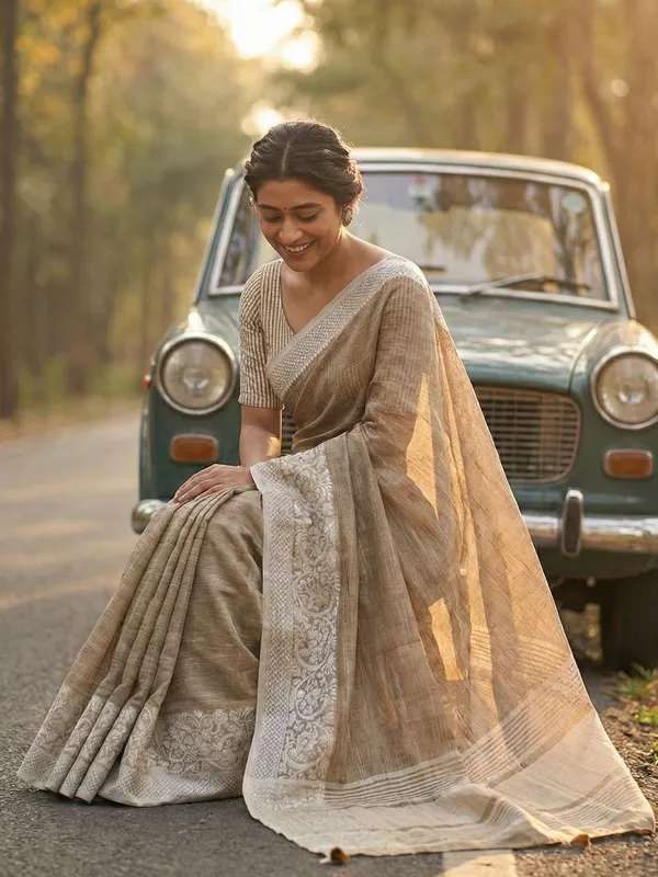 Beige_Silver_Linen_Blend_Woven_Saree_For_Women
