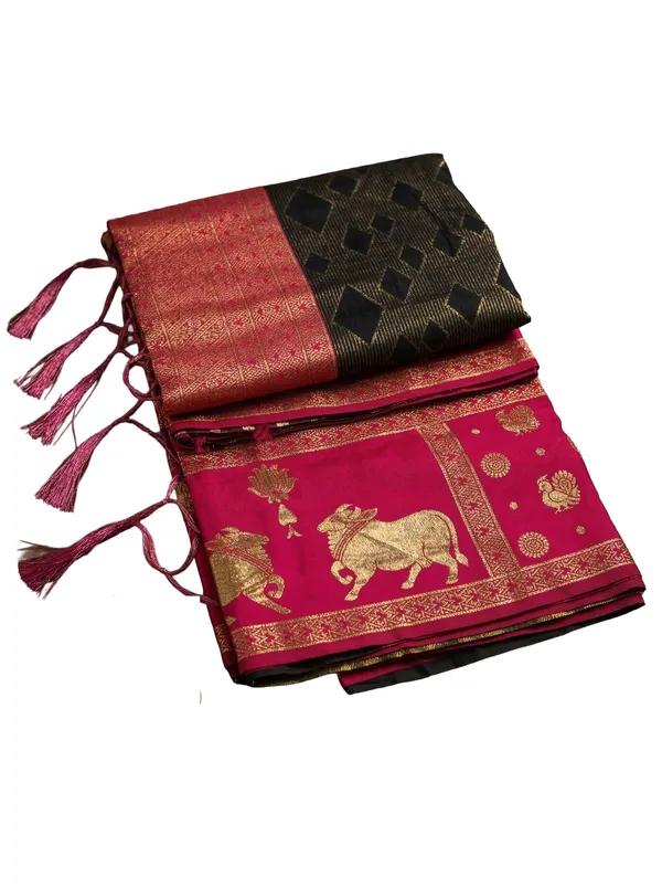 Black_Pink_Soft_Silk_Zari_Temple_Border_Saree_For_Women