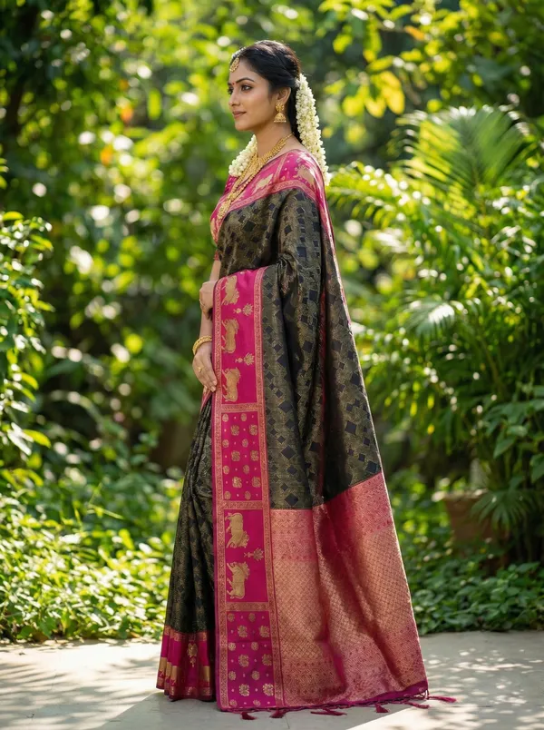 Black_Pink_Soft_Silk_Zari_Temple_Border_Saree_For_Women