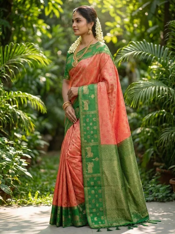 Peach_Green_Soft_Silk_Nandi_Zari_Border_Saree_For_Women
