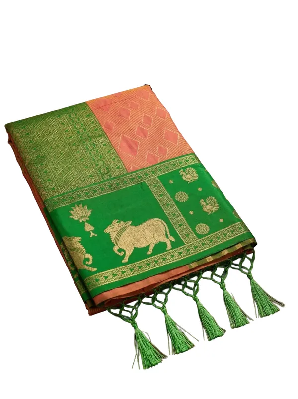 Peach_Green_Soft_Silk_Nandi_Zari_Border_Saree_For_Women
