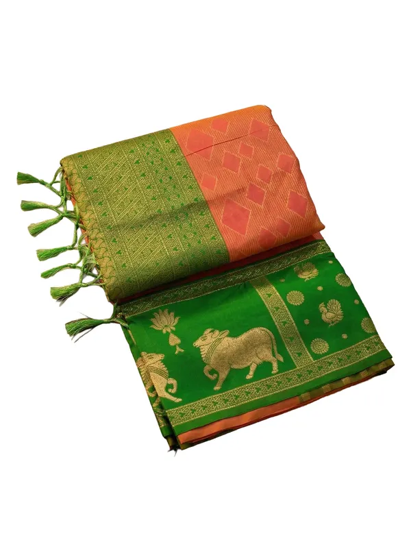 Peach_Green_Soft_Silk_Nandi_Zari_Border_Saree_For_Women