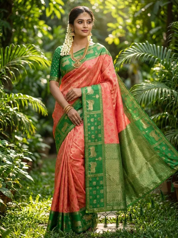 Peach_Green_Soft_Silk_Nandi_Zari_Border_Saree_For_Women