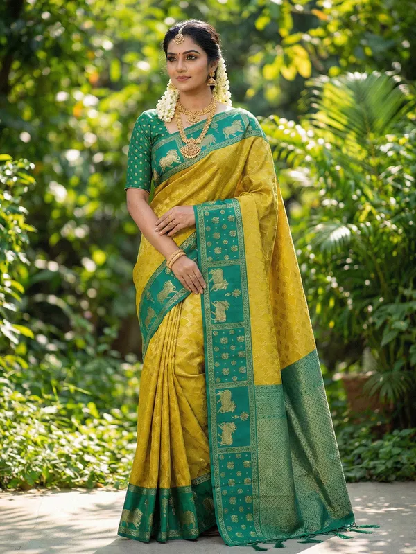 Yellow_Green_Soft_Silk_Nandi_Zari_Border_Saree_For_Women