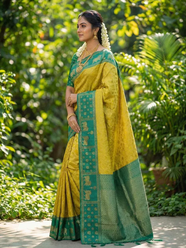 Yellow_Green_Soft_Silk_Nandi_Zari_Border_Saree_For_Women