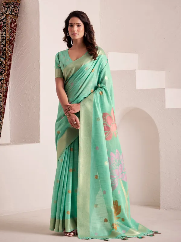 Sea_Green_Pink_Linen_Silk_Floral_Printed_Saree_For_Women