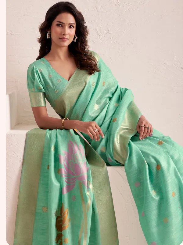 Sea_Green_Pink_Linen_Silk_Floral_Printed_Saree_For_Women