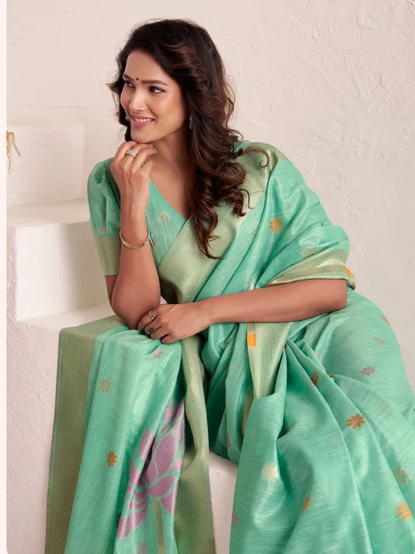 Sea_Green_Pink_Linen_Silk_Floral_Printed_Saree_For_Women