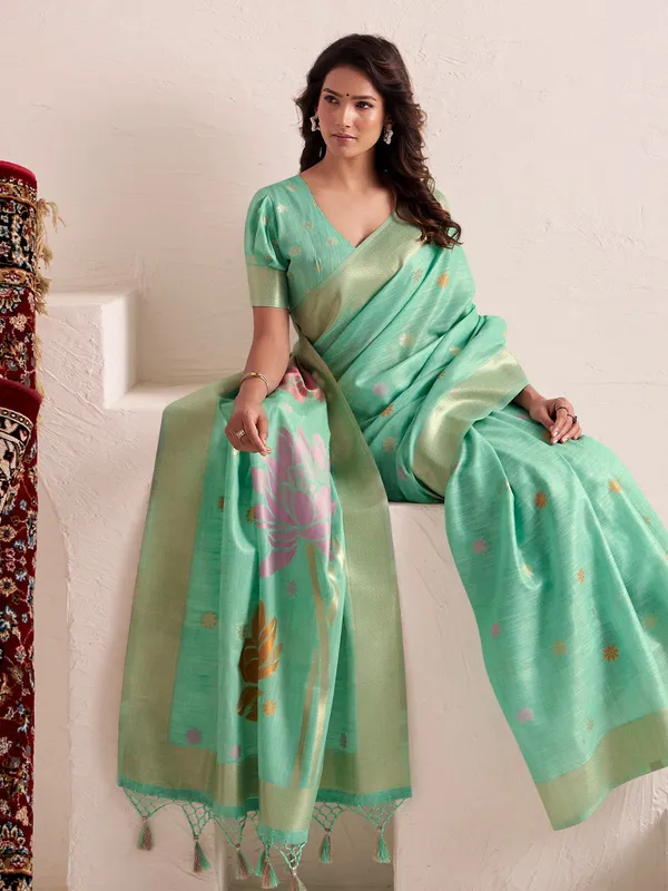 Sea_Green_Pink_Linen_Silk_Floral_Printed_Saree_For_Women