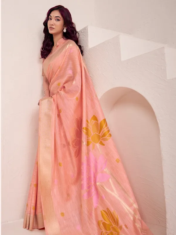 Peach_Yellow_Linen_Silk_Blend_Floral_Printed_Saree_For_Women