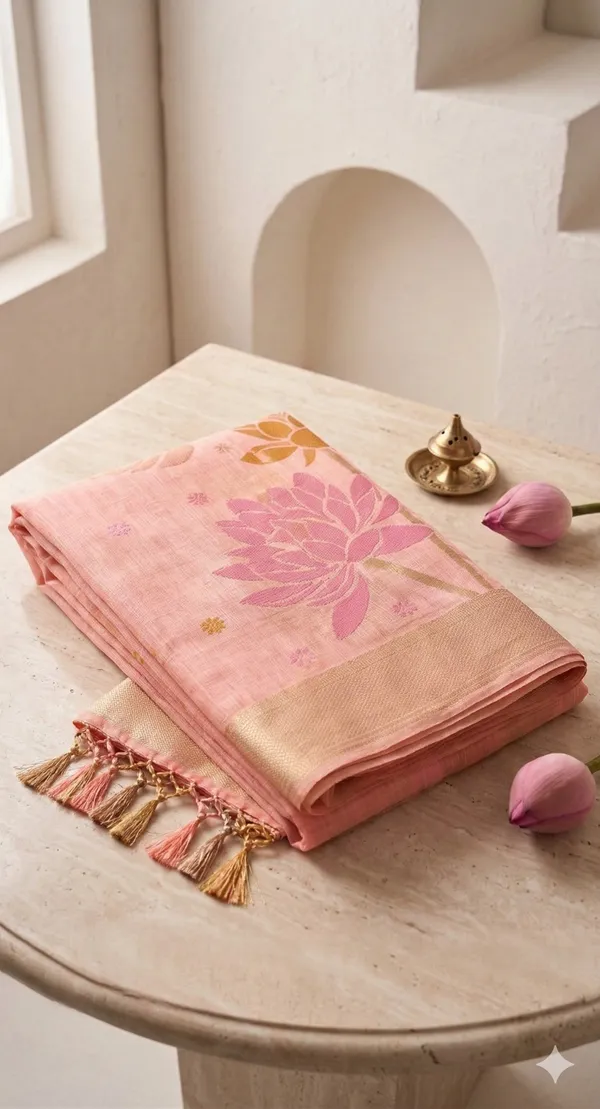 Peach_Yellow_Linen_Silk_Blend_Floral_Printed_Saree_For_Women