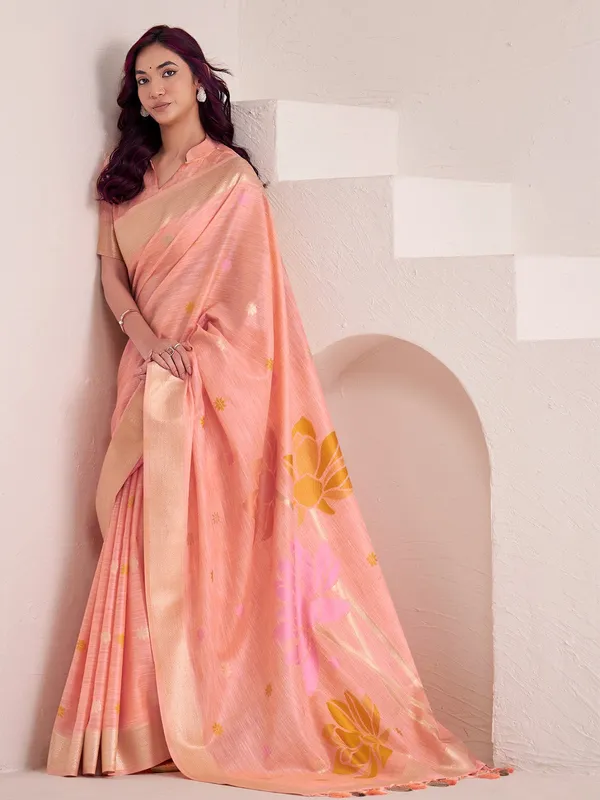 Peach_Yellow_Linen_Silk_Blend_Floral_Printed_Saree_For_Women