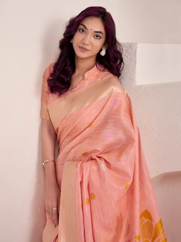 Peach_Yellow_Linen_Silk_Blend_Floral_Printed_Saree_For_Women