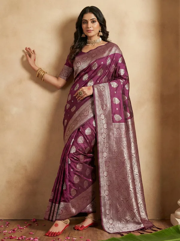 Magenta_Wine_Soft_Silk_Silver_Zari_Woven_Saree_For_Women