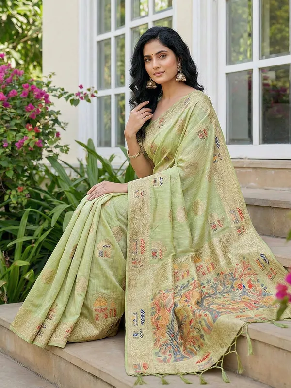 Pista_Green_Linen_Woven_Pallu_Tassel_Saree_For_Women