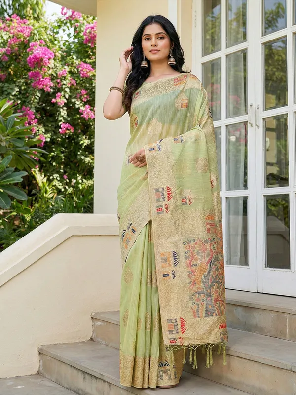 Pista_Green_Linen_Woven_Pallu_Tassel_Saree_For_Women