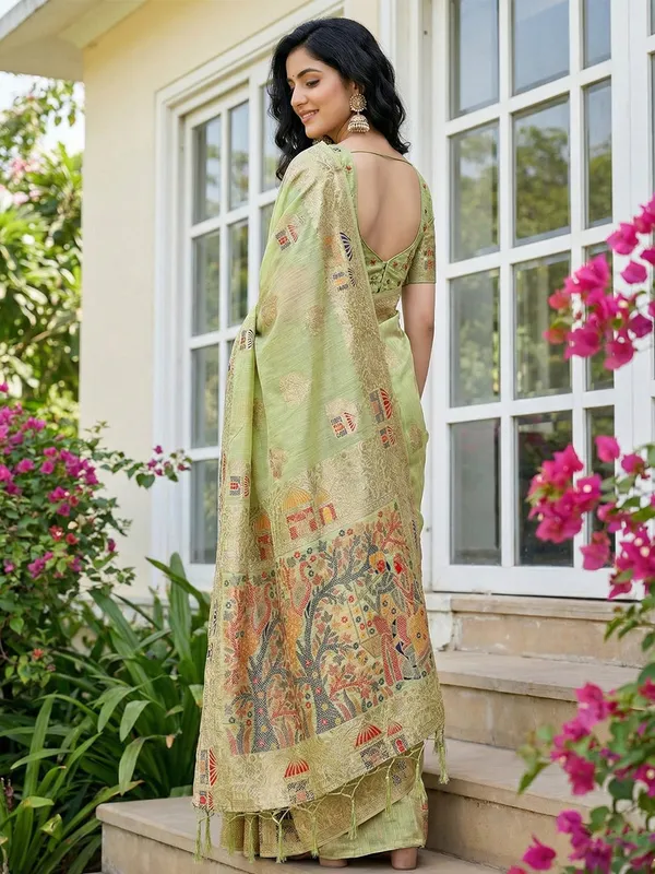 Pista_Green_Linen_Woven_Pallu_Tassel_Saree_For_Women