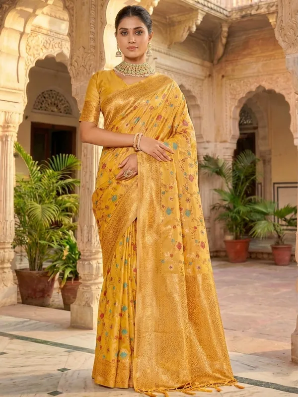 Yellow_Banarasi_Silk_Zari_Woven_Floral_Jaal_Saree_For_Women