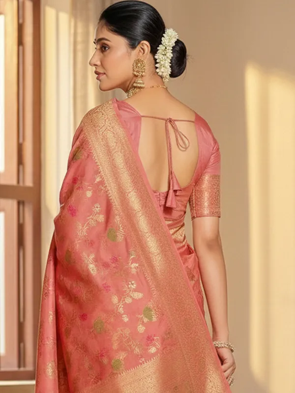 Peach_Banarasi_Silk_Golden_Zari_Floral_Jaal_Saree_For_Women