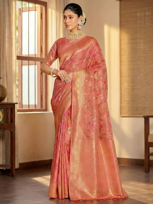 Peach_Banarasi_Silk_Golden_Zari_Floral_Jaal_Saree_For_Women