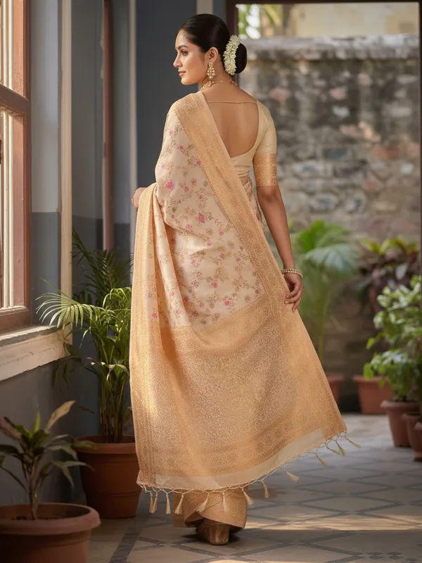 White_Banarasi_Silk_Golden_Zari_Floral_Jaal_Saree_For_Women