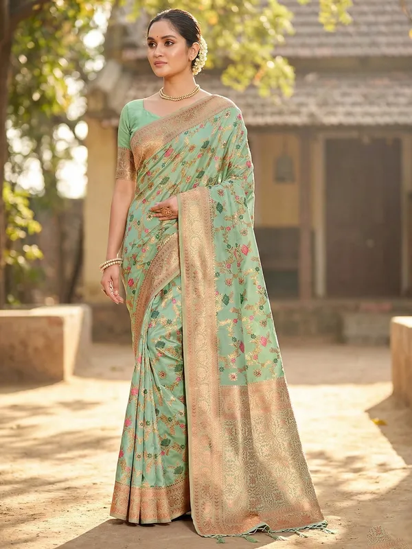 Sea_Green_Banarasi_Silk_Floral_Jaal_Golden_Zari_Woven_Saree_For_Women