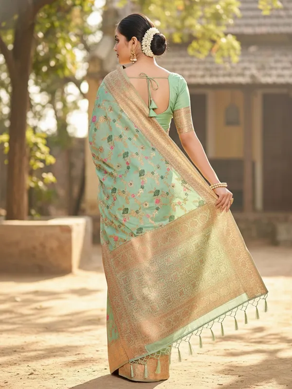 Sea_Green_Banarasi_Silk_Floral_Jaal_Golden_Zari_Woven_Saree_For_Women