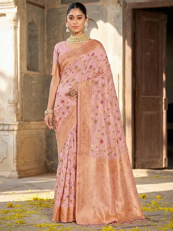 Pink_Banarasi_Silk_Golden_Zari_Floral_Jaal_Woven_Saree_For_Women