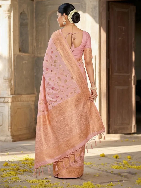 Pink_Banarasi_Silk_Golden_Zari_Floral_Jaal_Woven_Saree_For_Women