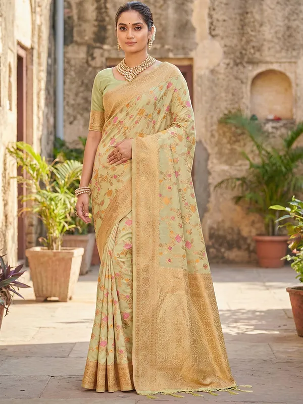 Light_Green_Banarasi_Silk_Zari_Floral_Jaal_Saree_For_Women