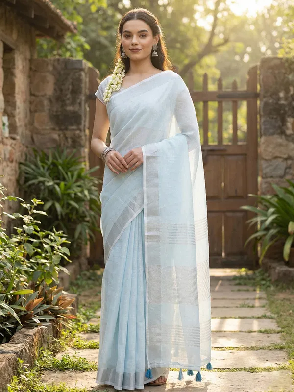 Sky_Blue_Linen_Woven_Zari_Border_Tassel_Saree_For_Women