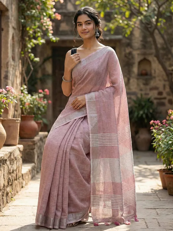 Mauve_Linen_Woven_Zari_Border_Tassel_Saree_For_Women