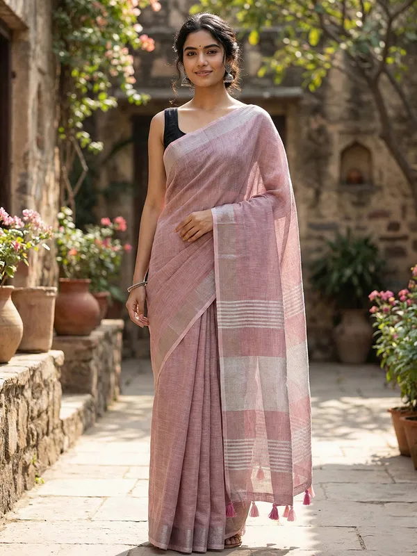 Mauve_Linen_Woven_Zari_Border_Tassel_Saree_For_Women
