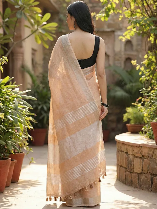 Tan_Linen_Zari_Border_Tassel_Saree_For_Women
